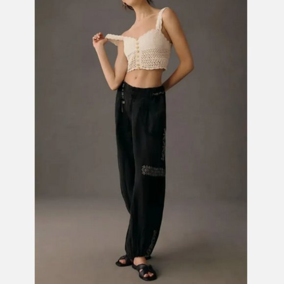 NEW Anthropologie M Embroidered Parachute Pants size M Black Linen Nwt 148$ - Picture 2 of 5